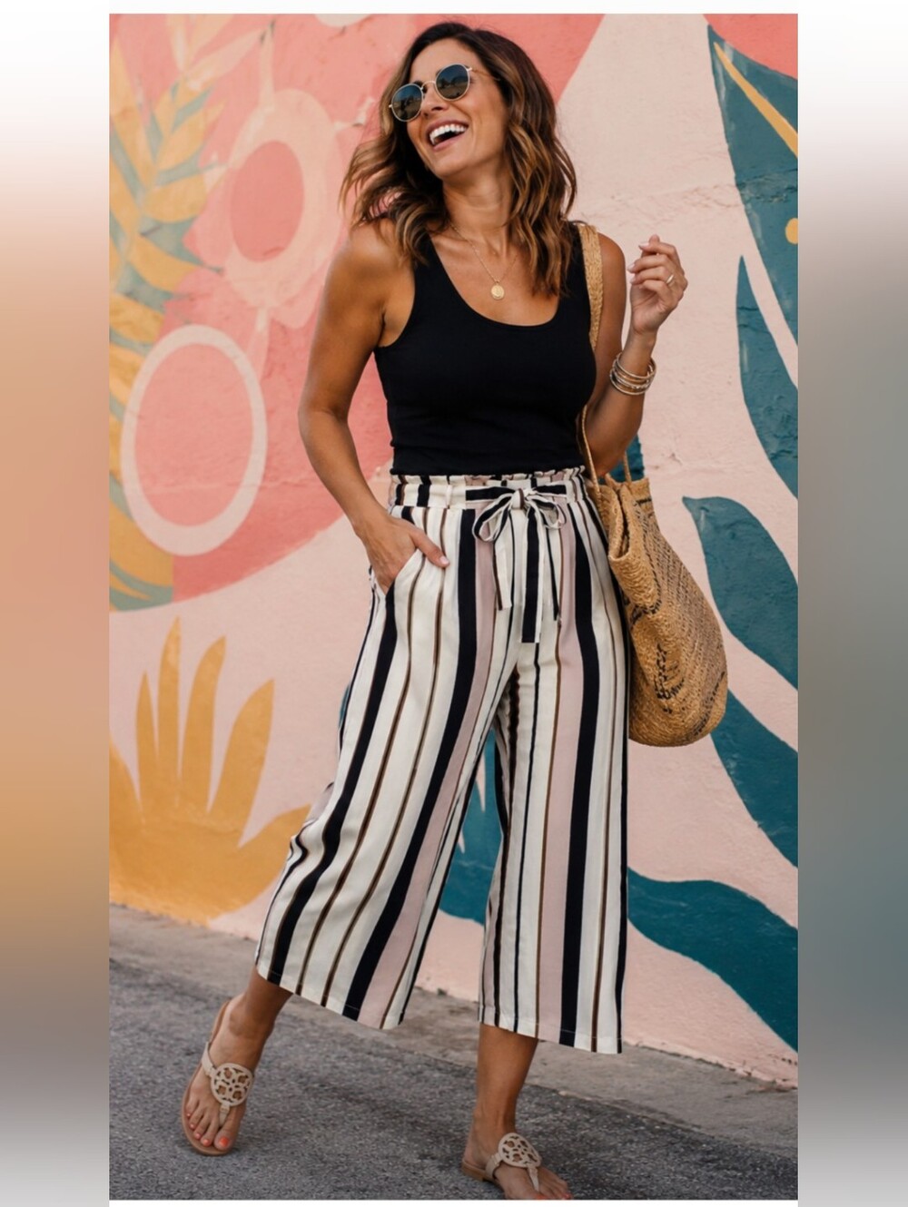 Striped Cropped Pants with Tie Waist size XL Paperbag Waist Culotte Pants EUC
